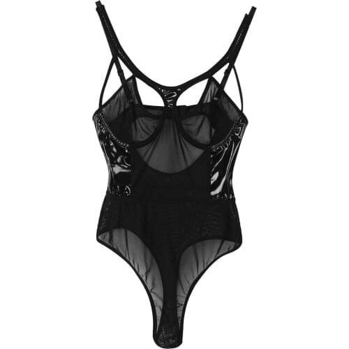 Women Transparent Underwear Sexy Mesh Leather Patchwork Bodysuit See-through Underwire Unlined Bra High Cut Thongs Jumpsuit