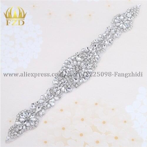 1piece) Handmade Beaded Sew On Hot Fix Sliver Clear Bling Rhinestone Crystal Wedding Sash Applique for Bridal Belt Wristbands