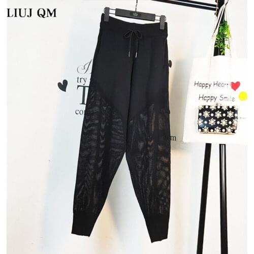 Hollow Knit Casual Pants Womens Summer 2021 New Loose Fashion Drape Feet Nine-point High Waist Elastic Waist Sports Pants Women