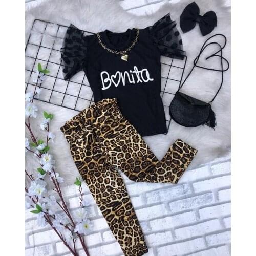 2Pcs Kids Casual Outfits Girls Summer Clothes Sets Baby Letter Print Ruffle Short Sleeve T-shirt Leopard Pants with Belt 0-4Y