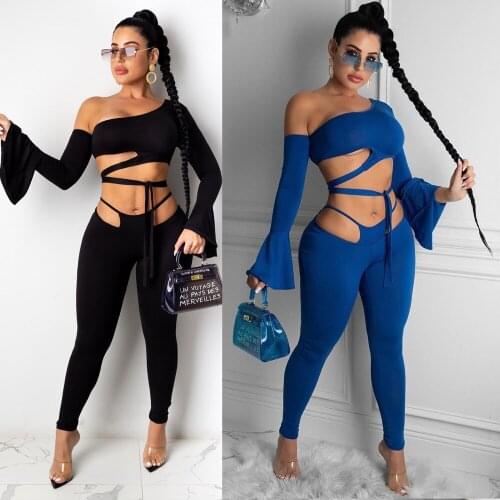 Black Blue One Shoulder Flare Sleeve Crop Tops + Cut Out Fitness Leggings Pants Autumn Winter Clothes Streetwear 2 Piece Outfit