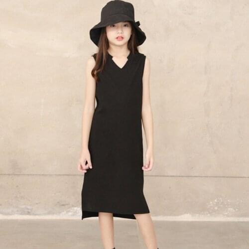 2020 Summer Fashion V-neck Girls Dress Kids Black Ribbed Knit Dresses Big Girls Sleeveless High Low Split Hem Sundress