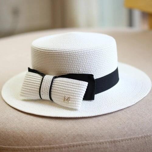 Summer Women Boater Beach Hat Female Casual Panama Hat Lady Ribbon Classic Bowknot Flat Sun Hat Women Fedoras Travel Straw Hat
