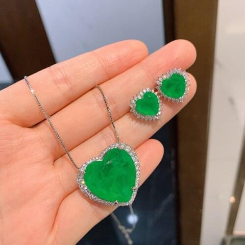 Megin D White Gold Love Heart Stone Luxury Crystal Toumaline Pendant Collar Chains Necklace Stud Earrings Jewelry Set for Women