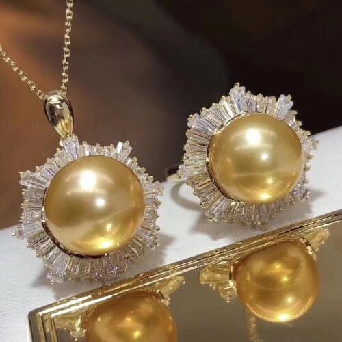 D114 Fine Jewelry 925 Sterling Silver Natural Fresh Water Gold Pearls 12-13mm Females Jewelry Sets for Women FIne Jewelry Sets