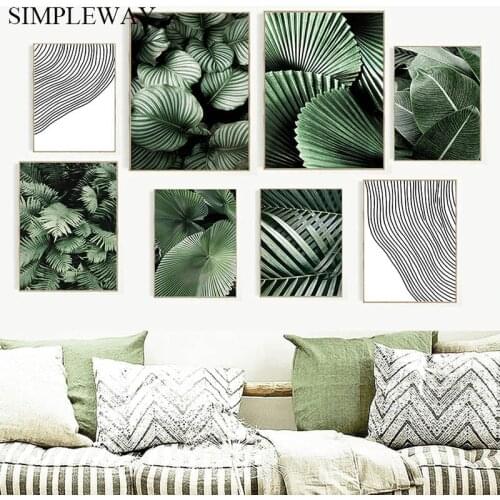 Green Plant Leaf Wall Art Canvas Prints Nordic Poster Black White Line Abstract Painting Decorative Picture Modern Home Decor
