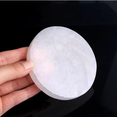 Natural White Selenite Coaster Healing Crystal Stones Charging Round Plate Carving Home Decor Gift