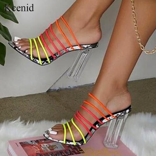 Kcenid 2020 New sexy transparent perspex heel sandals women multi snake print crystal slippers summer womens sandals size 42 43