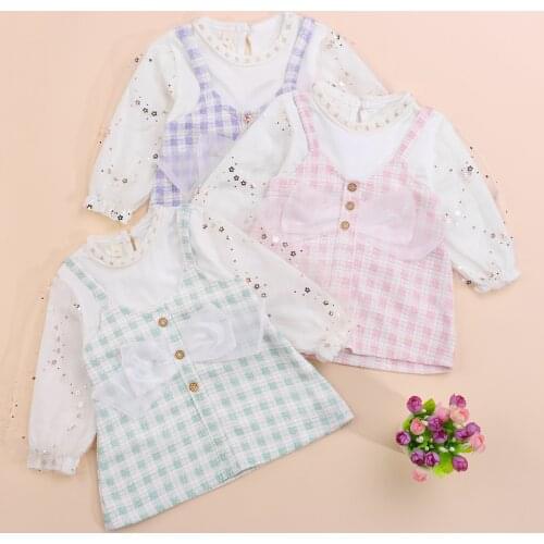 2021 Autumn Fashion Toddler Baby Girls Casual Long Sleeve Dress Plaid A-line Patchwork Dress with Lace Bow Outfit