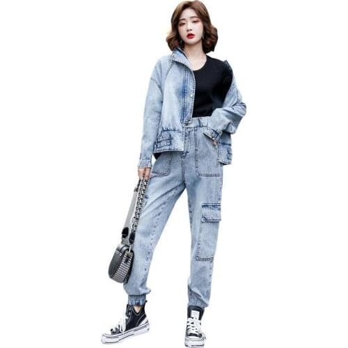 Autumn Winter Women Sets Denim Clothing Two Pieces Jackets And Pant Moto&biker Female Suits Fashion Koren Style Sport Jackets