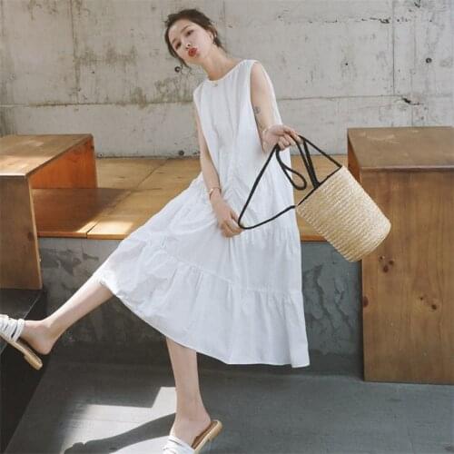 Summer Women Cotton Linen Sleeveless Long Dress Solid Beach Sundress Casual Loose Soft Tanks Vestido Plus Size Party Dress M-7XL