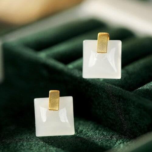 S925 Sterling Silver Simple Geometric Fashion Square Stud Earrings Inlaid Natural Hetian Jade White Jade Stud Earrings Simple Je