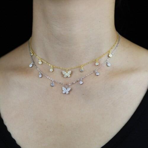 Fine 925 Sterling Silver High Quality Fashion Women Jewelry Round Bezel CZ Dot Charm Lovely Butterfly Charm Necklace 925