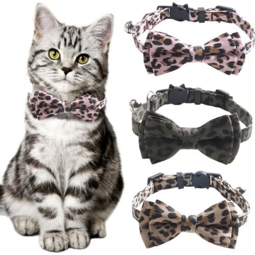 Dog Collar with Bow Tie Leopard Printed for Big Small Dog Cat Cotton Fabric Collar with Metal Buckle Collar Pet Accessories