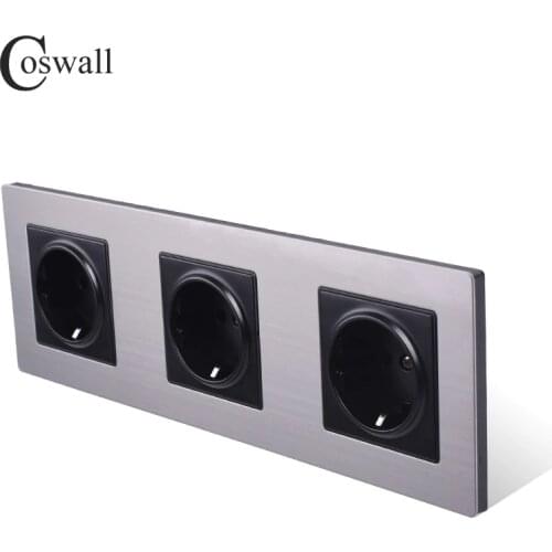 COSWALL Stainless Steel Panel Triple Wall Socket 16A EU Russia Spain Electrical Outlet Silver Black Color Child Protective Door
