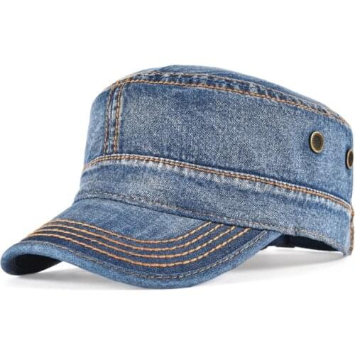 VOBOOM Denim Army Cap Men Washed Cotton Bucket Hat Fall Headpiece Flat Top Adjustable Peaked Visor Hats 164