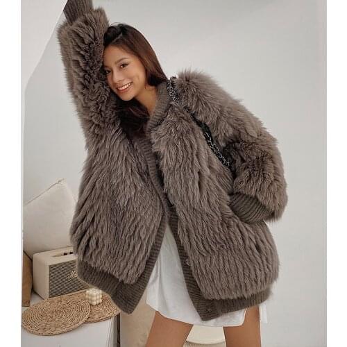 Vogue New New Fashion Brand Real Fur Coat Winter Jacket Women Natural Fox Fur hooded Outerwear Streetwear Oversize Loose