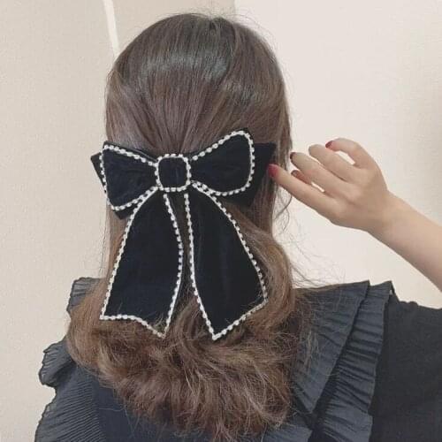 Lady Shiny Rhinestone Chain Hair Hairpin 2020 Women Black Velvet Streamer Big Bow Buckle Clip 5PCS