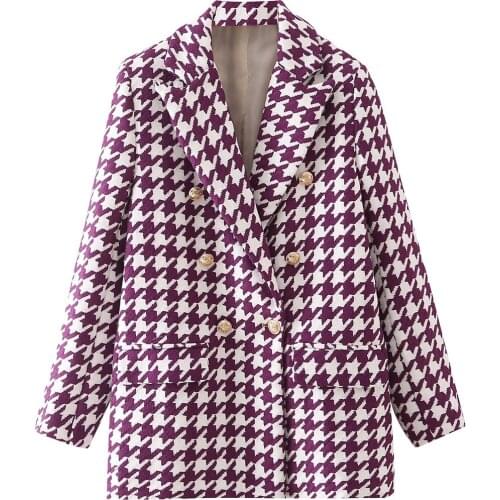 2021 autumn Women Double Breasted Notched Collar Tweed Woolen midi Blazer Female Plaid Outerwear OL Office Houndstooth Suit Coat