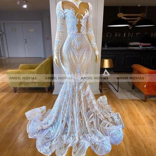 ANGEL NOVIAS Long Sleeves Mermaid Lace Prom Dresses 2021 Backless African Black Girl Party Birthday Graduation Dress