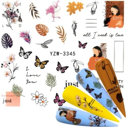 YWK 2021 1 Sheets Nail Sticker Butterfly/Flower/Leaf Summer Colorful Water Transfer Nail Decorations UV Gel Polish DIY Decals