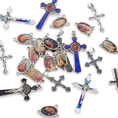 24pc Alloy Enamel Cross Pendant Christian Religion Crucifix Charms with Oval Saint Chandelier Link for Religious Necklace Making