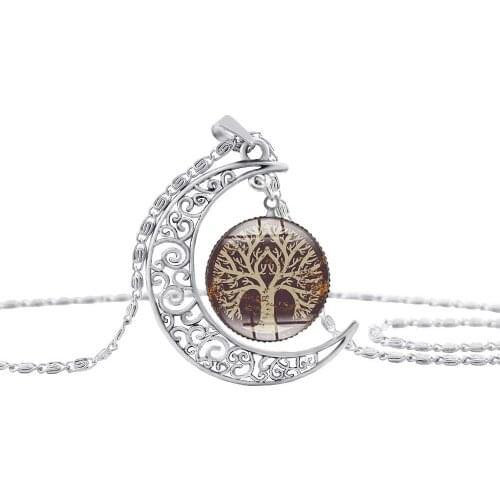 30 family gift crescent moon life tree lotus necklace half moon flower plant lucky hollow moon amulet pendant necklace jewelry