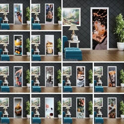 3D Door Stickers Home Decoration Room Door Printing Art Picture Pvc Door Delicious Food Coffee Dessert Self-Adhesive Wallpaper