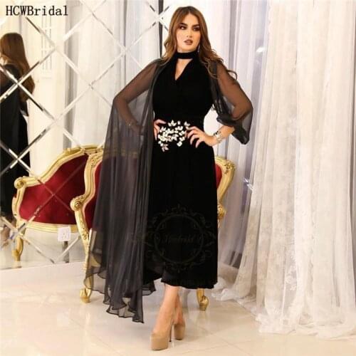 Short Black Middle East Arabic Prom Dresses With White Flowers Long Sleeves Straight Plus Size Formal Occasion Women Dress