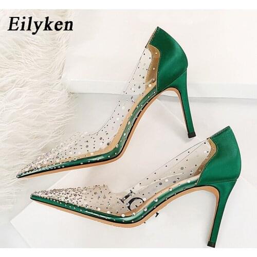 Eilyken 2021 New Green Women 8.5cm High Heels Wedding Bridal Pumps Lady Crystal Diamond Fetish Heels Stripper Transparent Shoes