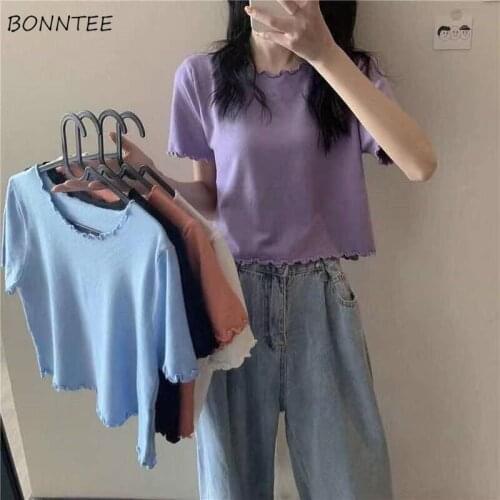 T-shirts Women Edible Tree Fungus Pure Color Summer Minimalist Leisure Lovely Students Soft Daily All-match Basic Cropped Ladies