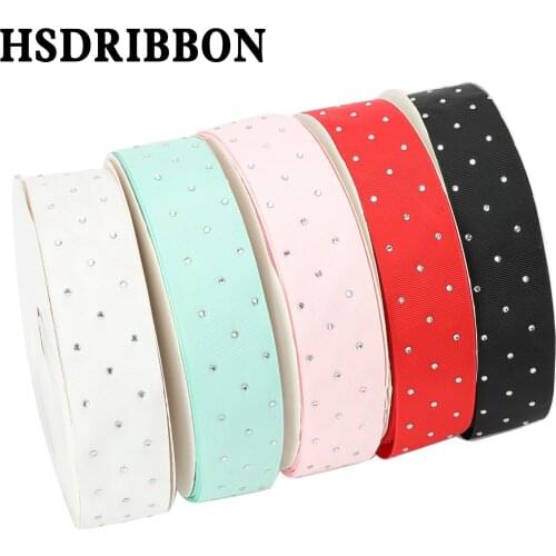 HSDRIBBON Free Shipping 38mm 1-1/2inch Rhinestone on Colorful Solid Color Grosgrain Ribbon 25 Yards/Roll