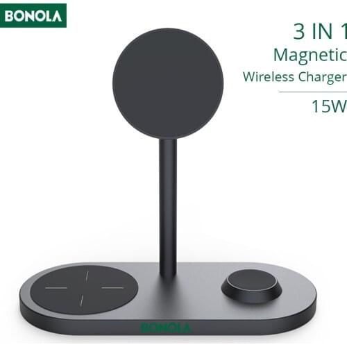 Bonola 15W Magnetic Wireless Charging 3 in 1 Stand for Apple/iPhone 12 Pro Max/11/8 Plus Fast Charger for Apple Watch/Airpod Pro