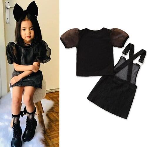 2Pcs Fashion Kids Baby Girls Outfit Solid Color Puff Sleeve Round Collar Top + Denim Suspender Skirt Set 1-5 Years