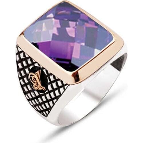 Silver Bevel Amethyst Gemstone Tuğralı Male Ring