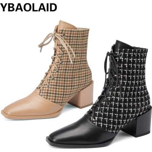Autumn and Winter New Style Cowhide Stitching Plaid Cross Strap Thick Heel Short Boots Retro Square Toe High-heeled Martin Boots