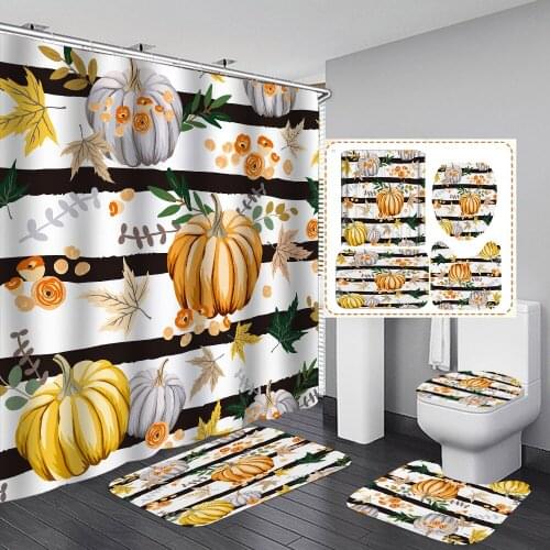Fall Stripe Pumpkin Shower Curtain Set Bath Mats Rugs Autumn Farmhouse Bathroom Curtains Toilet Cover Rug Anti-slip Mat Carpet