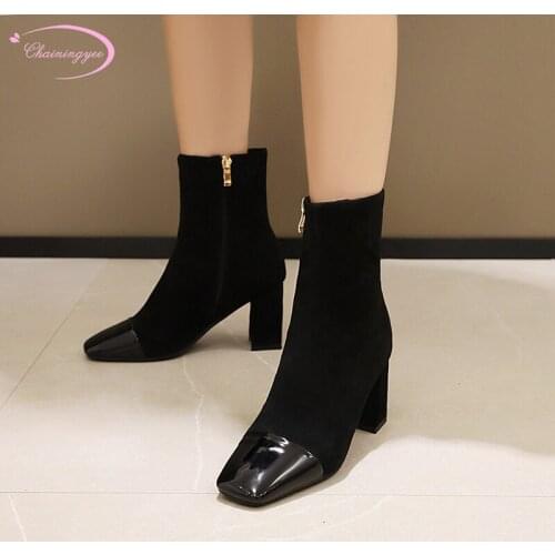 Simple style comfortable square toe ankle boots fashion stretch zipper black beige high heel thick riding boots womens shoes