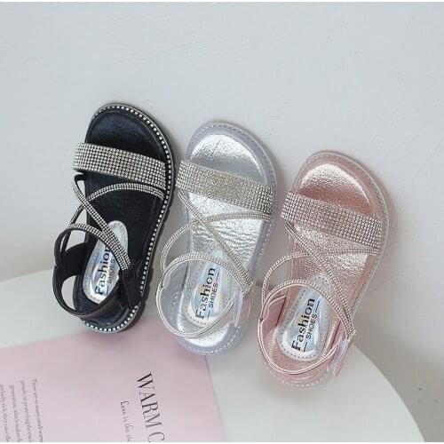 2021 Summer Fashion Crystal Children Sandals Flat Open Toe Soft Sole Princess Rhinestone Gladiotar Girl Shoes Kids Baby Footwear