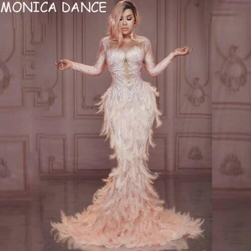 Sexy Stage Sparkly Rhinestones Pink Feather Nude Dress Full Stones Long Big Tail Dress Costume Prom Birthday Celebrate Dress
