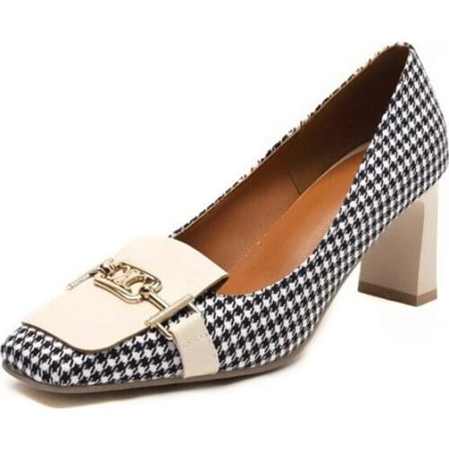 Korean Square Toe Metal Decorative High Heels New Slip On Office Lady Shoes Pumps Plus Size 34-43 Women Thick Heels Pumps Shoes