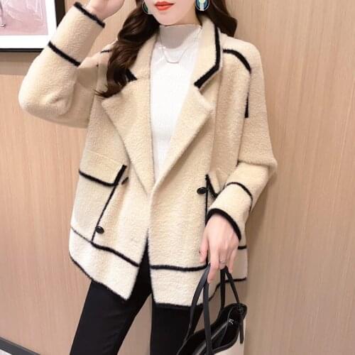 Imitation Mink Velvet Jacket Womens Autumn and Winter 2020 New Suit Collar Cardigan Ladies Loose Fashion Sweater Blazer K1322