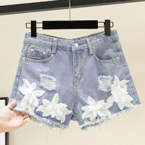 2020 Summer Women Plus Size Denim Skirt Embroidery Beading High waist Jeans Shorts Female Loose Wide leg Short Pants Jeans 5XL