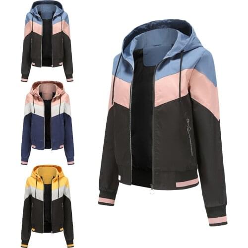 Ladies Thin Windbreaker Women Spring and Autumn Hooded Jacket Women Outdoor Raincoat Drawstring Jacket Patchwork Coat