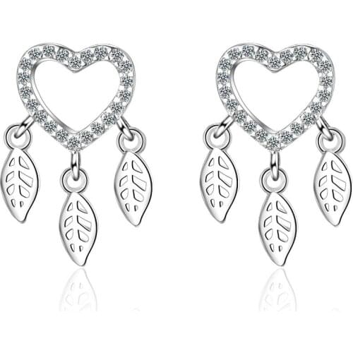 New Arrival 925 Sterling Silver Fashion Love Heart Leaf Women Christmas Gift Ladies`stud Earrings Jewelry Anti Allergy Girl