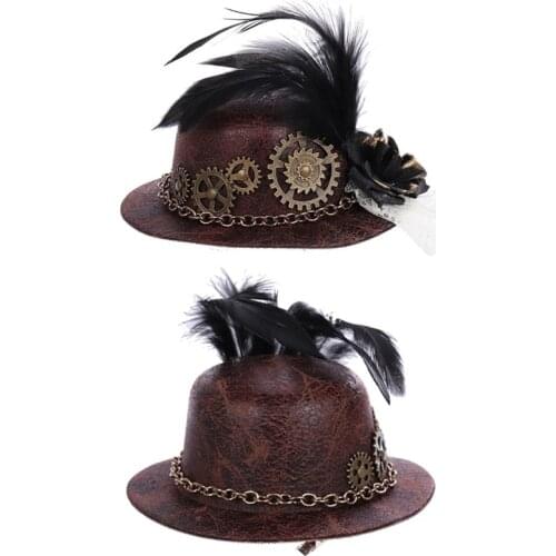 Women Halloween Gothic Mini Top Hat Steampunk Gears Chain Feather Flower Lace Fascinator Hair Clip Victorian Fancy Dress Cosplay