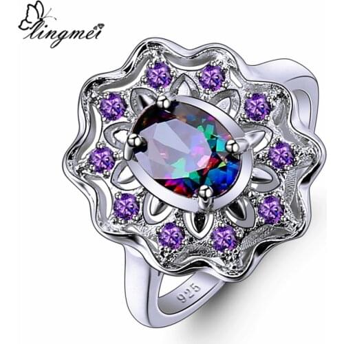 Lingmei New Arrival Oval Cut Multi Purple & Blue Olive Green CZ Silver ColorRing Size 6-9 Elegant Women Jewelry