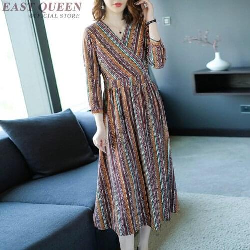 Women summer dress 2018 tunic beach stripped dress pleated female clothing V-Neck long sleeves elegant dresses AA3694 Y A