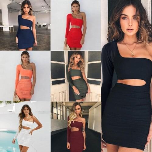 Summer Dress Women White Sexy Slim Dresses Hollow Out One-shoulder Long-sleeved Bag Hip Dresses Celebrity Runway Party Dresses