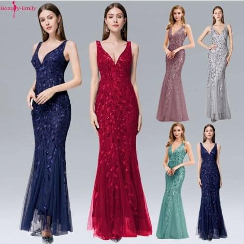 Beauty Emily Sexy V Neck Tank Sleeve Evening Dress 2020 Fashion Silver Appliques Tulle Mermaid Dress Zipper Back Robe De Soiree